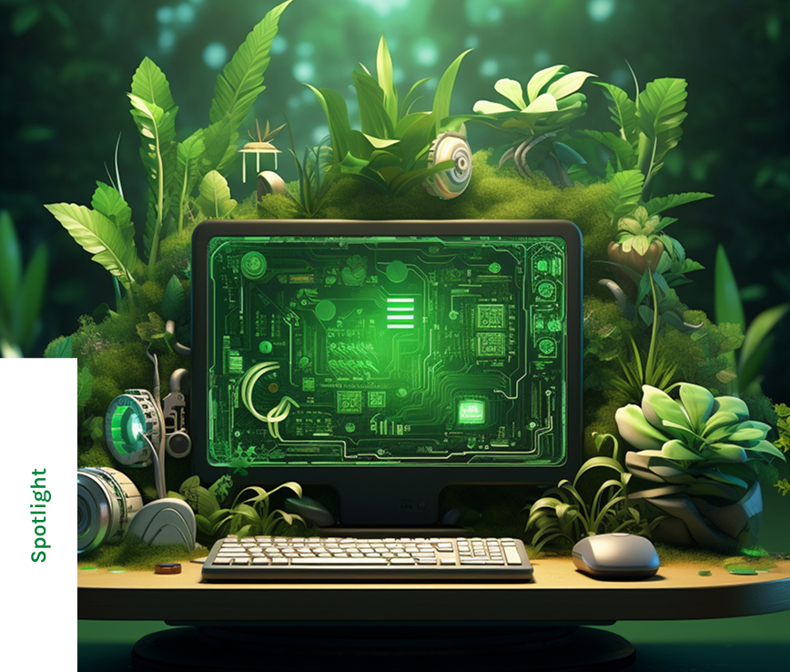 Green console in lush environment